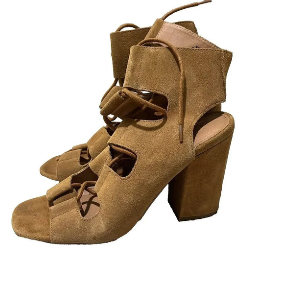 Urban Outfitters Women Brown Strappy Heels 9 Suede Lace Up Block Peep Toe Summer - Picture 3 of 16